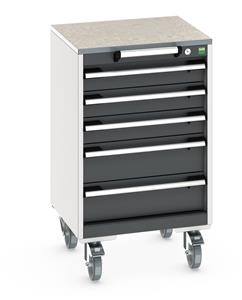cubio mobile cabinet with 5 drawers & lino worktop. WxDxH: 525x525x890mm. RAL 7035/5010 or selected Bott Mobile Storage 525 x 525